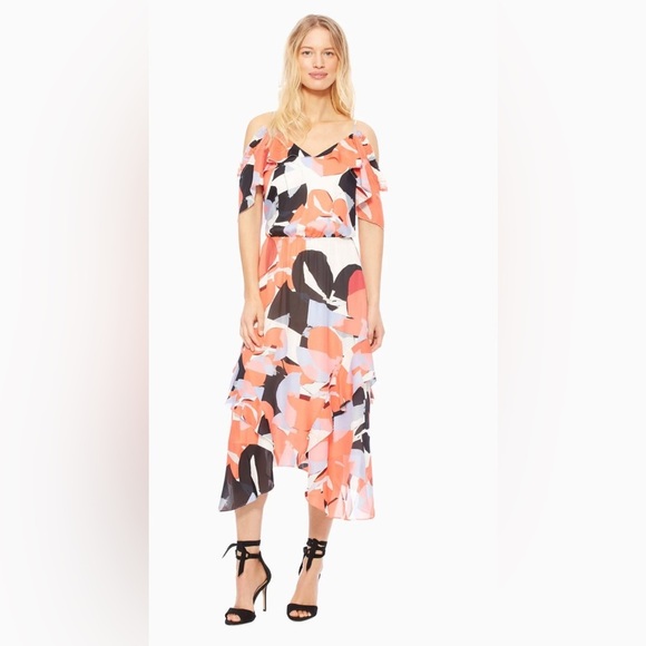 Parker Kam Abstract-Print Silk 100% Asymmetric Resort Wedding Fairy Dress,S - Picture 9 of 11